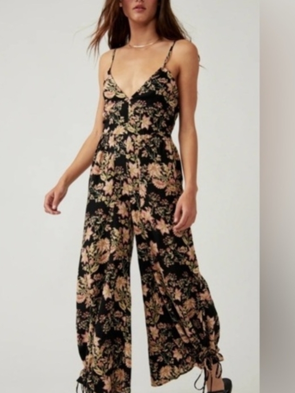 FREE PEOPLE Floral Black Wide-Leg Jumpsuit